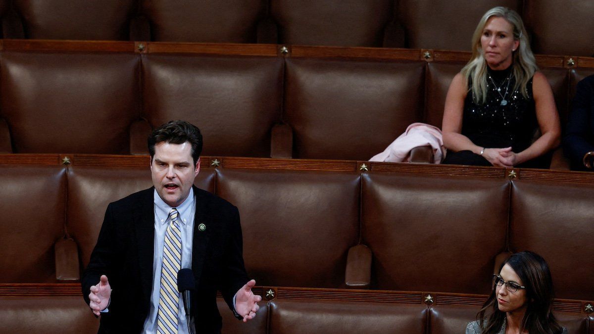 FILE PHOTO: U.S. Rep. Matt Gaetz (R-FL) nominates former President Donald Trump for Speaker of the House as Rep. Marjorie Taylor Greene (R-GA) and Rep. Lauren Boebert (R-CO) watch inside the House Chamber on the third day of the 118th Congress at the U.S. Capitol in Washington, U.S., January 5, 2023. 