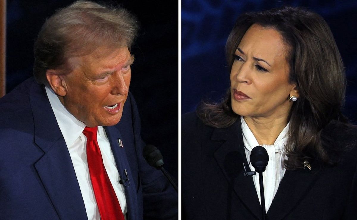 Former President Donald Trump and Vice President Kamala Harris take part in a presidential debate hosted by ABC in Philadelphia, Penn., on Sept. 10, 2024, in a combination of photographs.