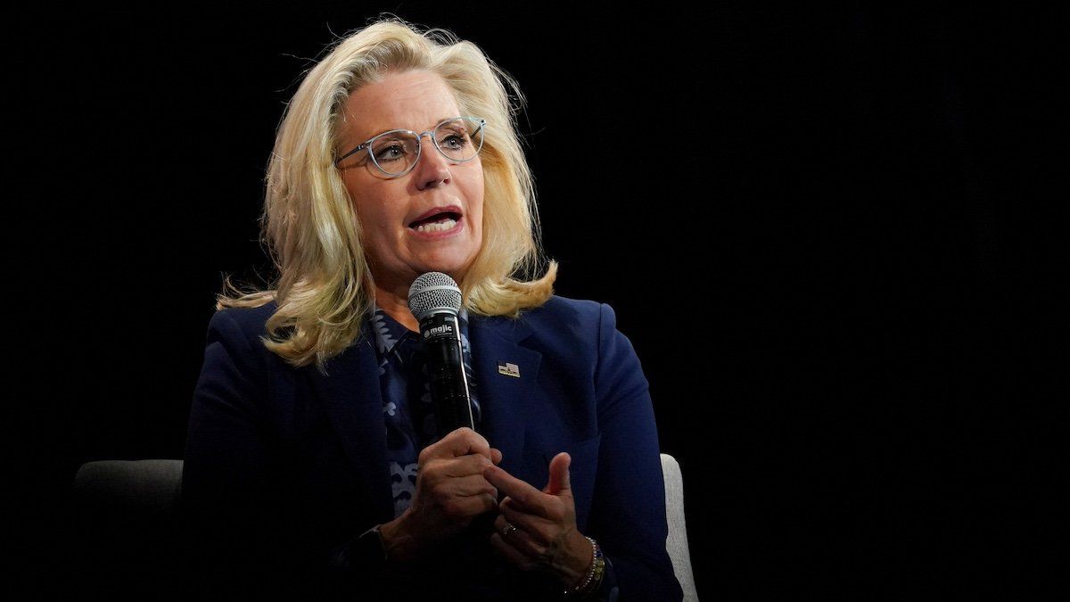 ​Former U.S. Rep. Liz Cheney (R-WY) speaks during a conversation with Democratic presidential nominee U.S. Vice President Kamala Harris moderated by Charlie Sykes in Brookfield, Wisconsin, U.S., October 21, 2024. 