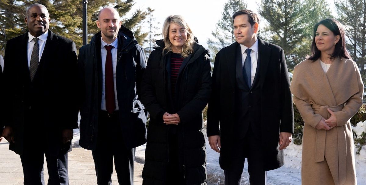 From left, British Foreign Minister David Lammy, French Foreign Minister Jean-Noel Barrot, Canadian Foreign Minister Melanie Joly, US Secretary of State Marco Rubio, and German Foreign Minister Annalena Baerbock pose for a photo during the G7 foreign ministers meeting in La Malbaie, Charlevoix, Quebec, on March 13, 2025. ​