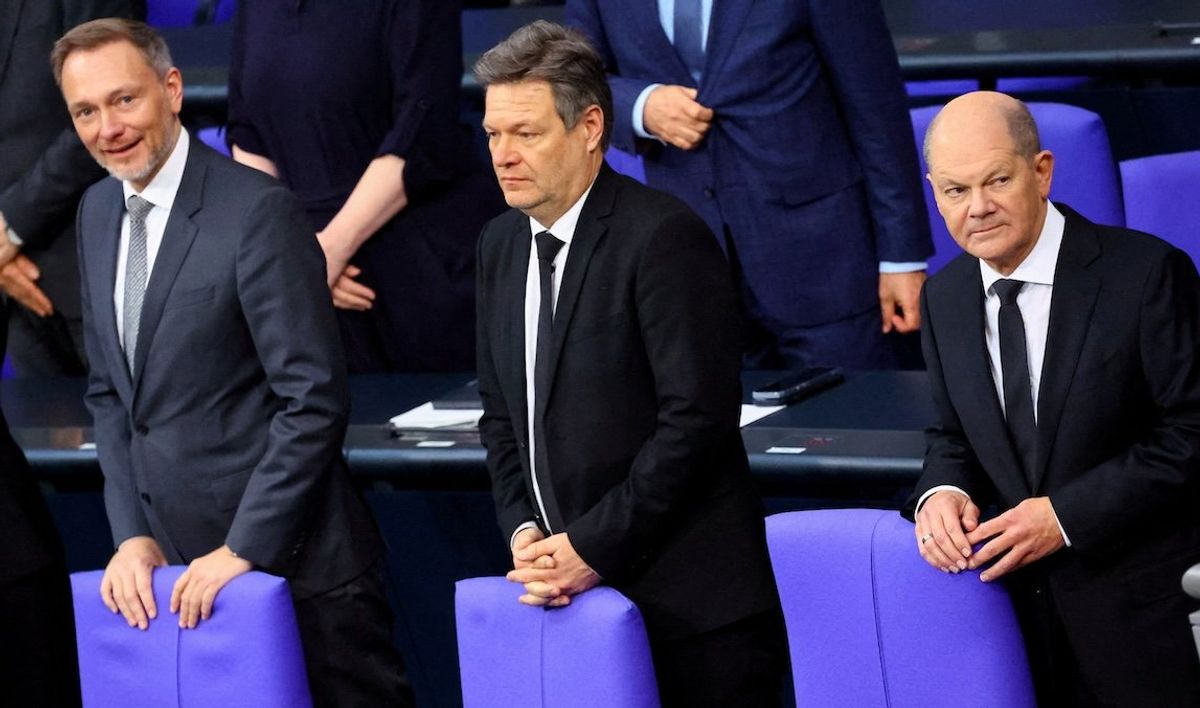 German Finance Minister Christian Lindner, Economic Affairs and Climate Action Minister Robert Habeck, and Chancellor Olaf Scholz attend the 2024 budget debate session of the German lower house of parliament, the Bundestag, in Berlin, Germany, earlier this year. 