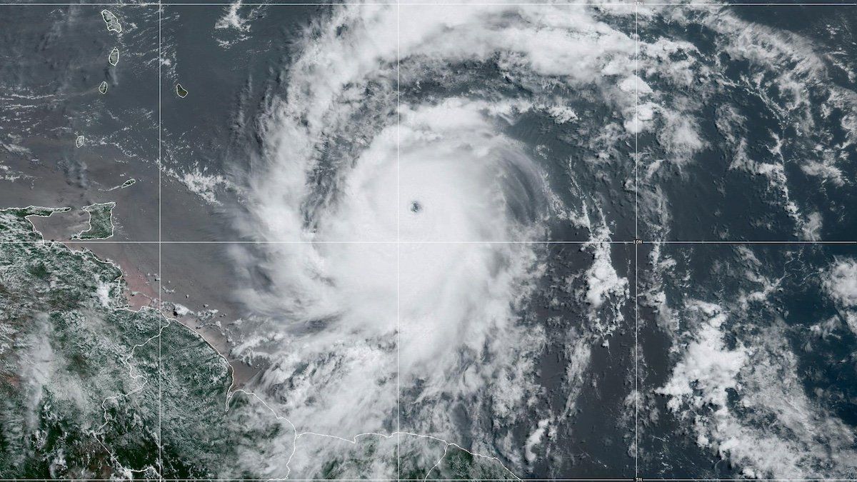​Hurricane Beryl makes its way to the Caribbean's Windward Islands, in a composite image from the National Oceanic and Atmospheric Administration (NOAA) GOES-East weather satellite June 30, 2024. 