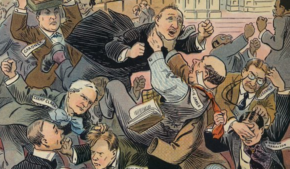 Illustration, a detail from a cover of Puck magazine in 1909, shows several congressmen engaged in a brawl on the floor of the House of Representatives.