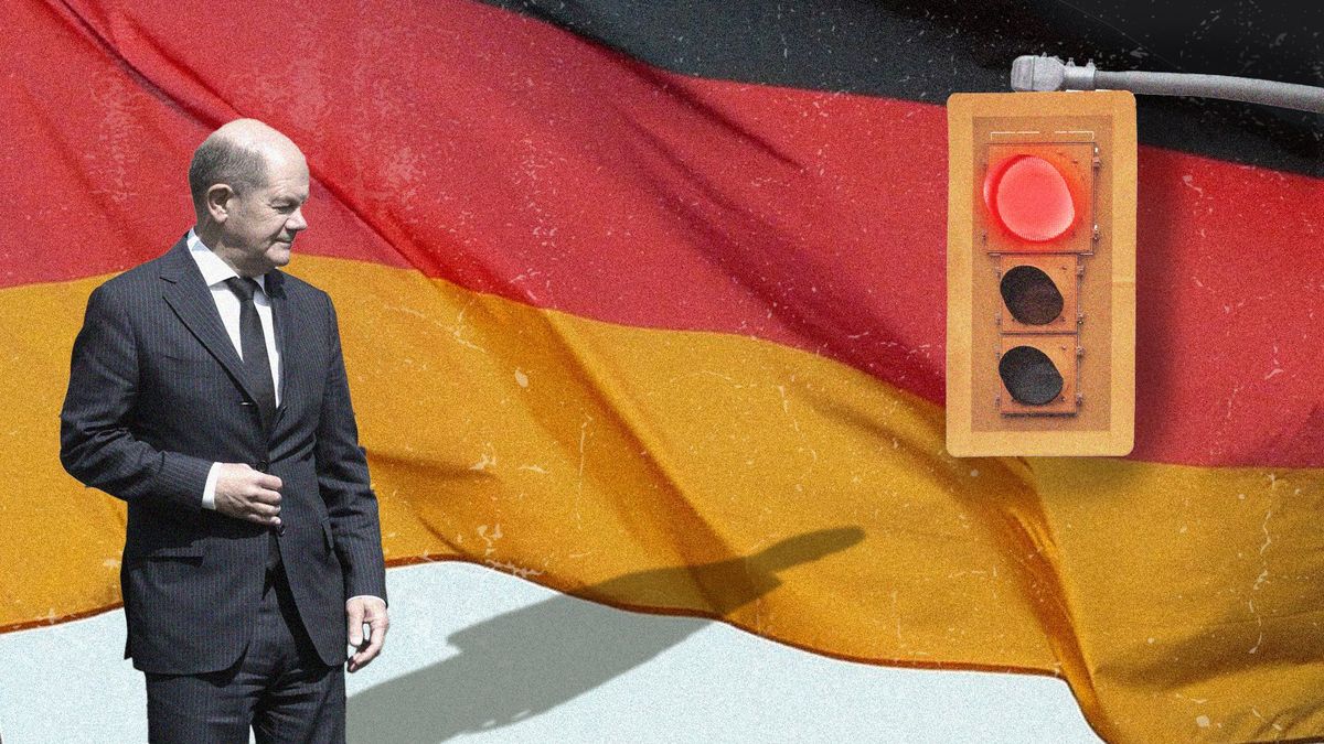 Illustration of Chancellor Olaf Scholz  next to a traffic light