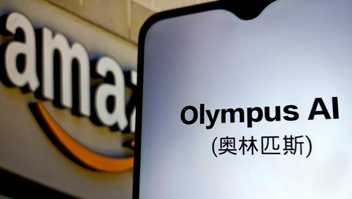 Illustration of the Amazon logo next to a phone with the flagship artificial intelligence model codenamed OLYMPUS, on it.