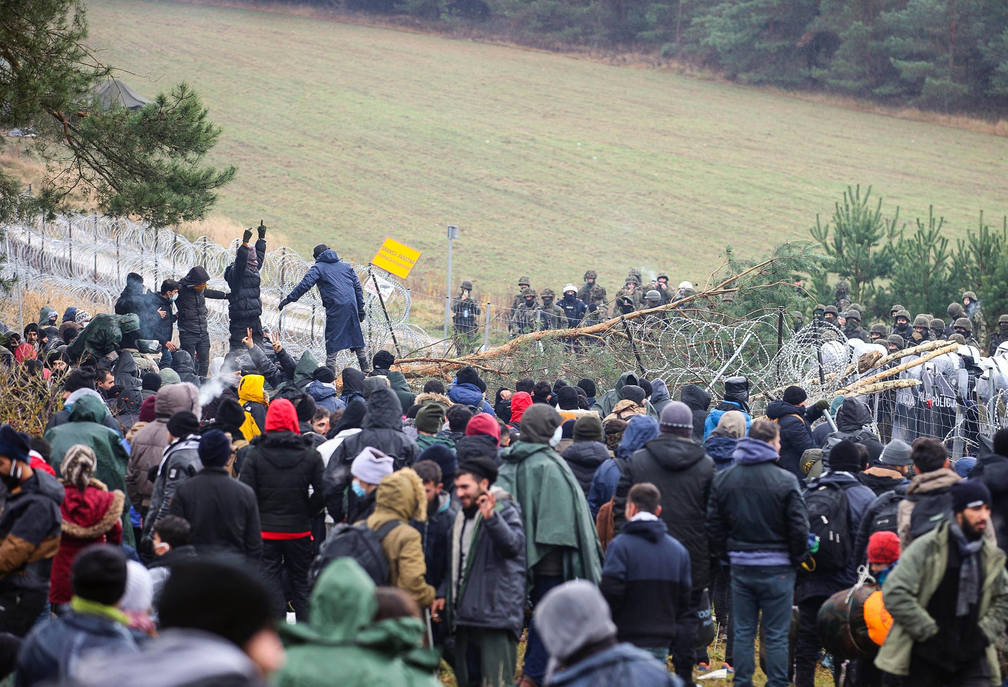 Migrants are seen on the Belarusian-Polish border. Nearly 1,000 refugees were heading towards the Polish border in the morning of November 8, 2021. 