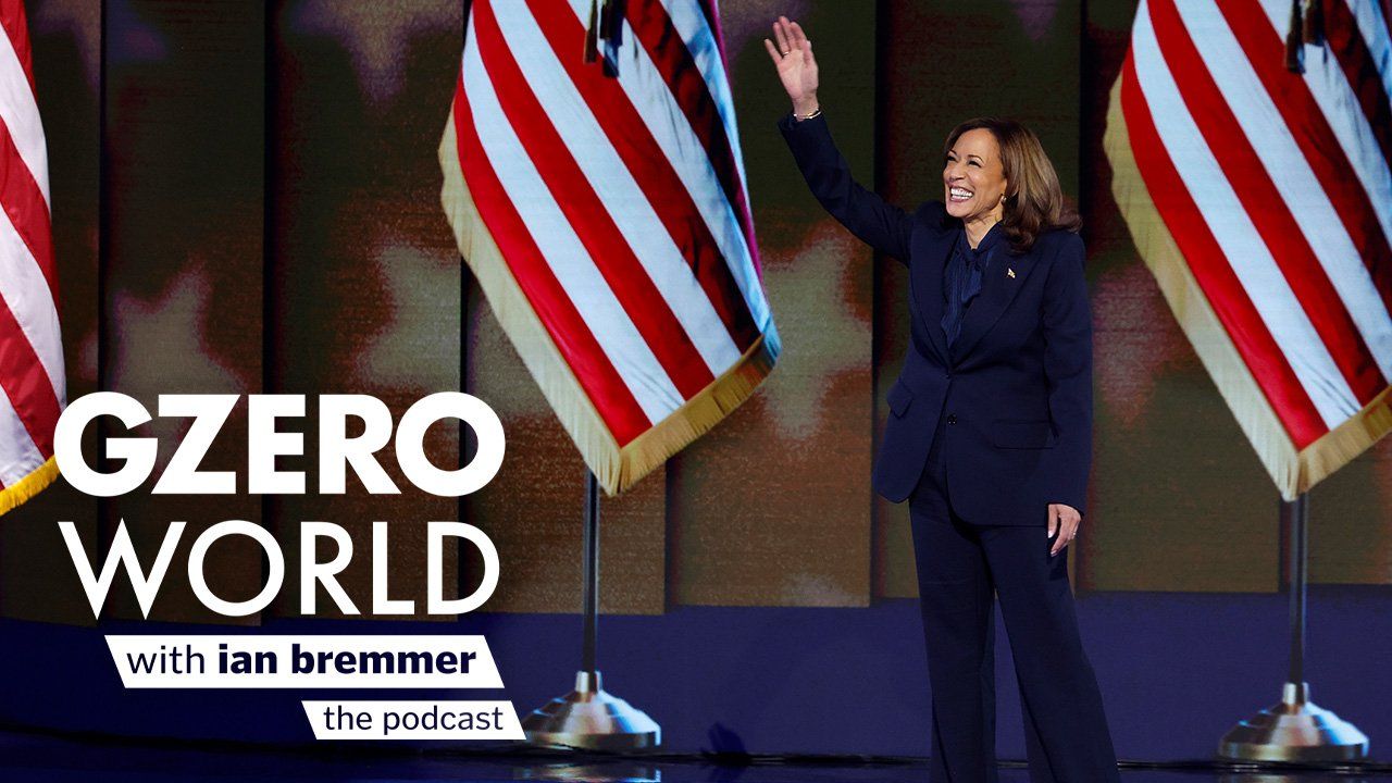 kamala harris waves against a backdrop of USA flags and GZERO World with ian bremmer - the podcast