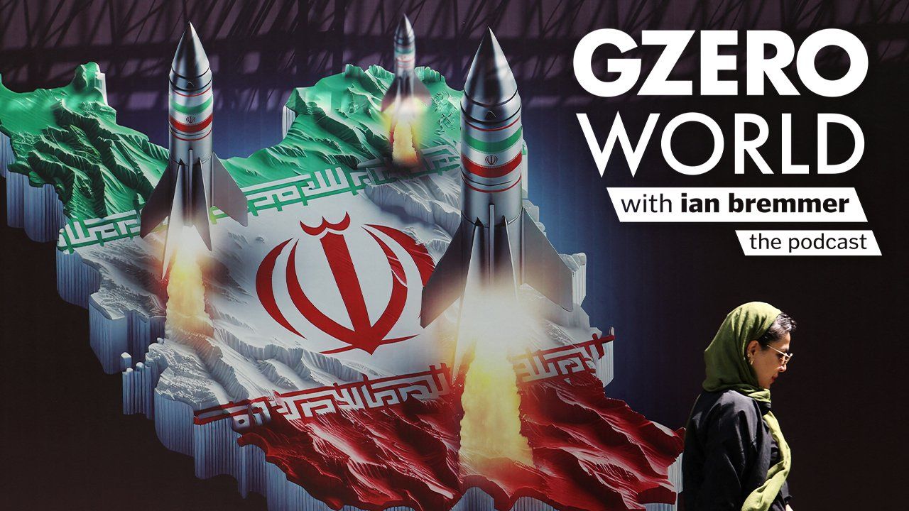 a graphical representation of missiles launching from within Iran and a lady in scarf on another side and GZERO WORLD with ian bremmer - the podcast