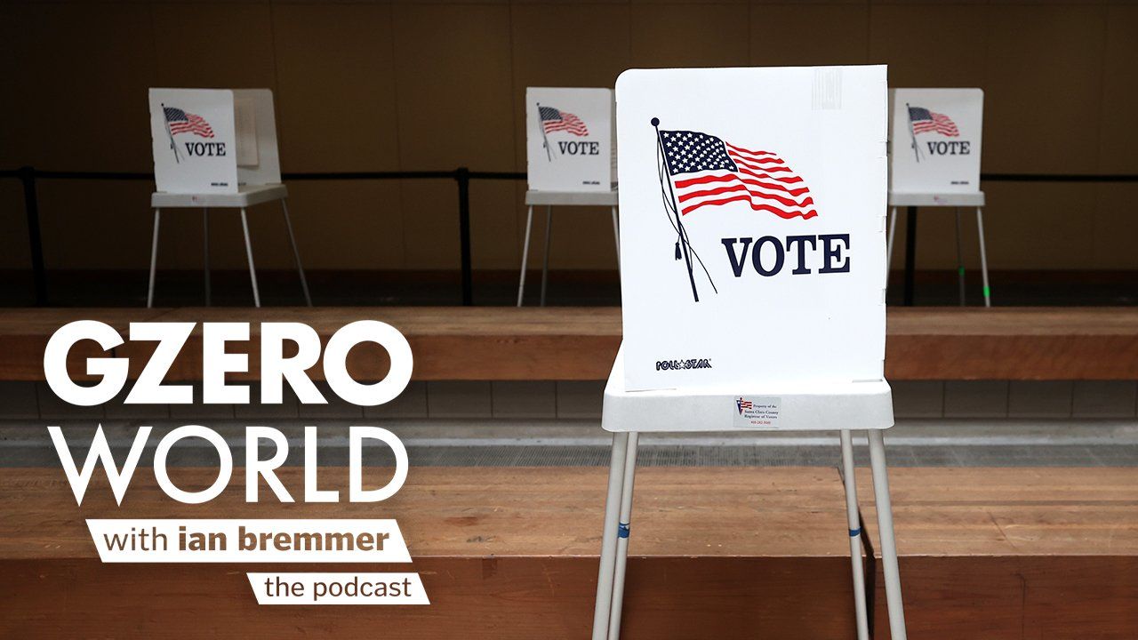 Voting booths with the word "vote" and the US flag printed on them with GZERO WORLD with ian bremmer - the podcast