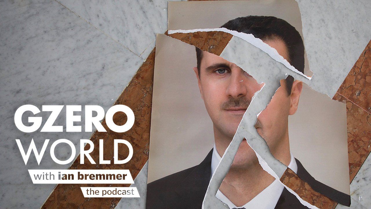 Photo illustration of Bashar al-Assad’s torn portrait, symbolizing the fractured state of Syria and the collapse of his regime and GZERO World with ian bremmer - the podcast