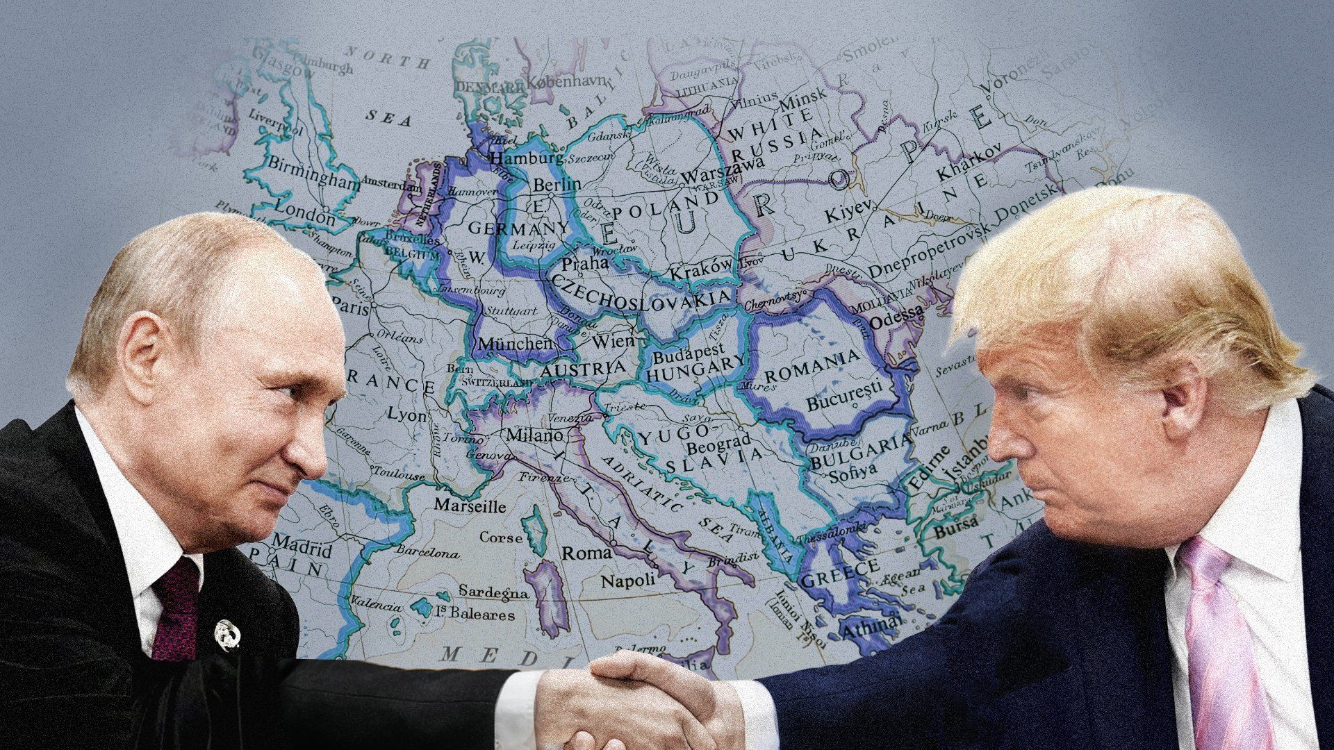 Putin and Trump shaking hands in front a map of eastern Europe