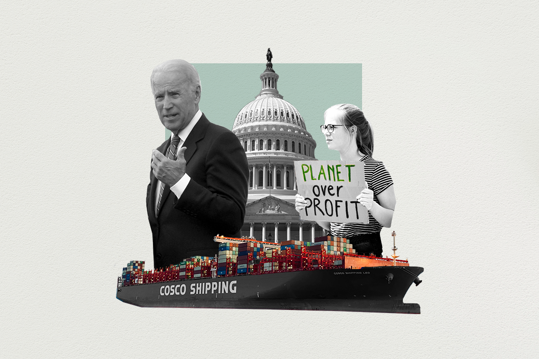 A collage of overlapping images including presidential candidate Joe Biden,  a cargo ship, the US Congress, and a climate activist holding a sign that reads "planet over profit"