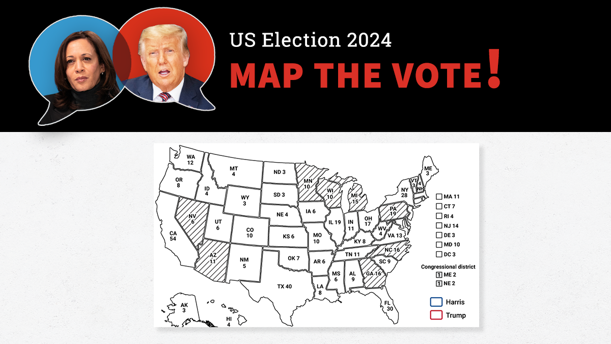 US Election 24 Map the Vote! | Graphic of the US map showing state names and electoral votes per state