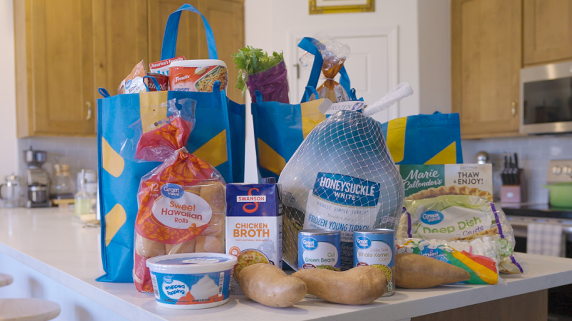 Groceries on a kitchen island