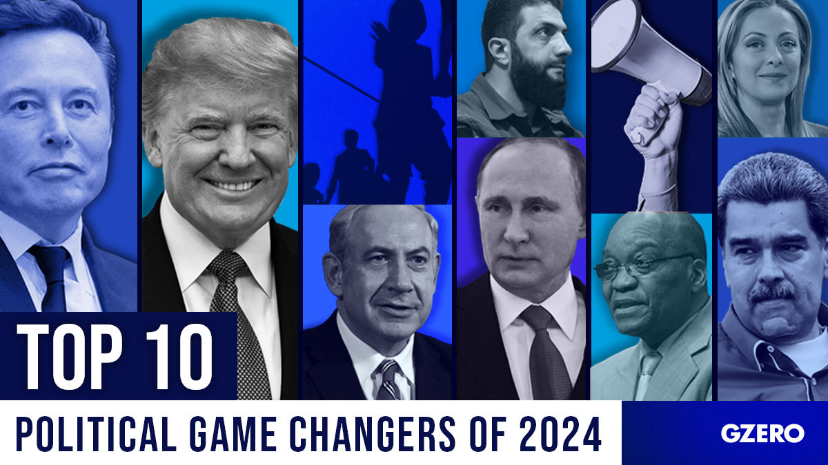 Top 10 geopolitical game changers of 2024 - GZERO | Pictured: Elon Musk, Donald Trump, a migrant, Benjamin Netanyahu, Vladimir Putin, Ahmed Hussein Al-Shara, the angry voter, Jacob Zuma, Nicolas Maduro, Giorgia Meloni