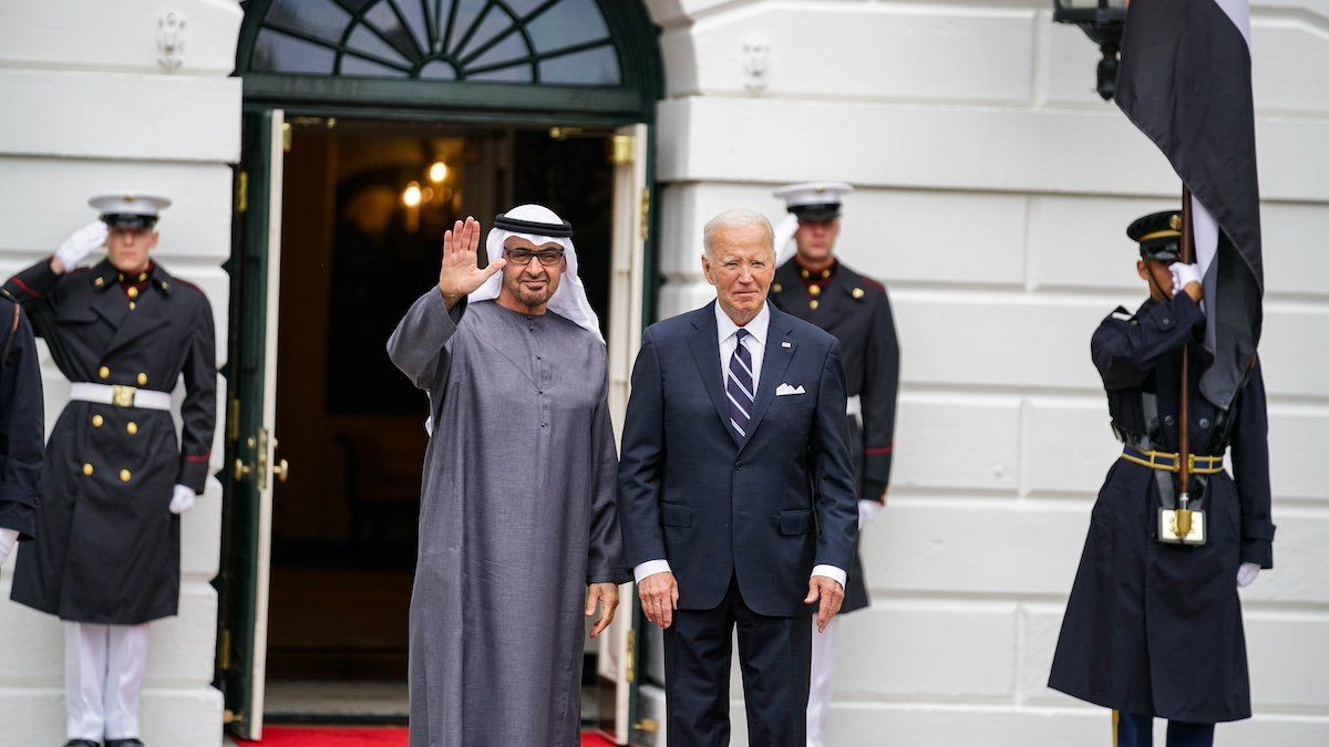 ​In Washington, D.C., on September 23, 2024, President Joe Biden greets His Highness President Sheikh Mohamed bin Zayed Al Nahyan of the United Arab Emirates at the White House. 