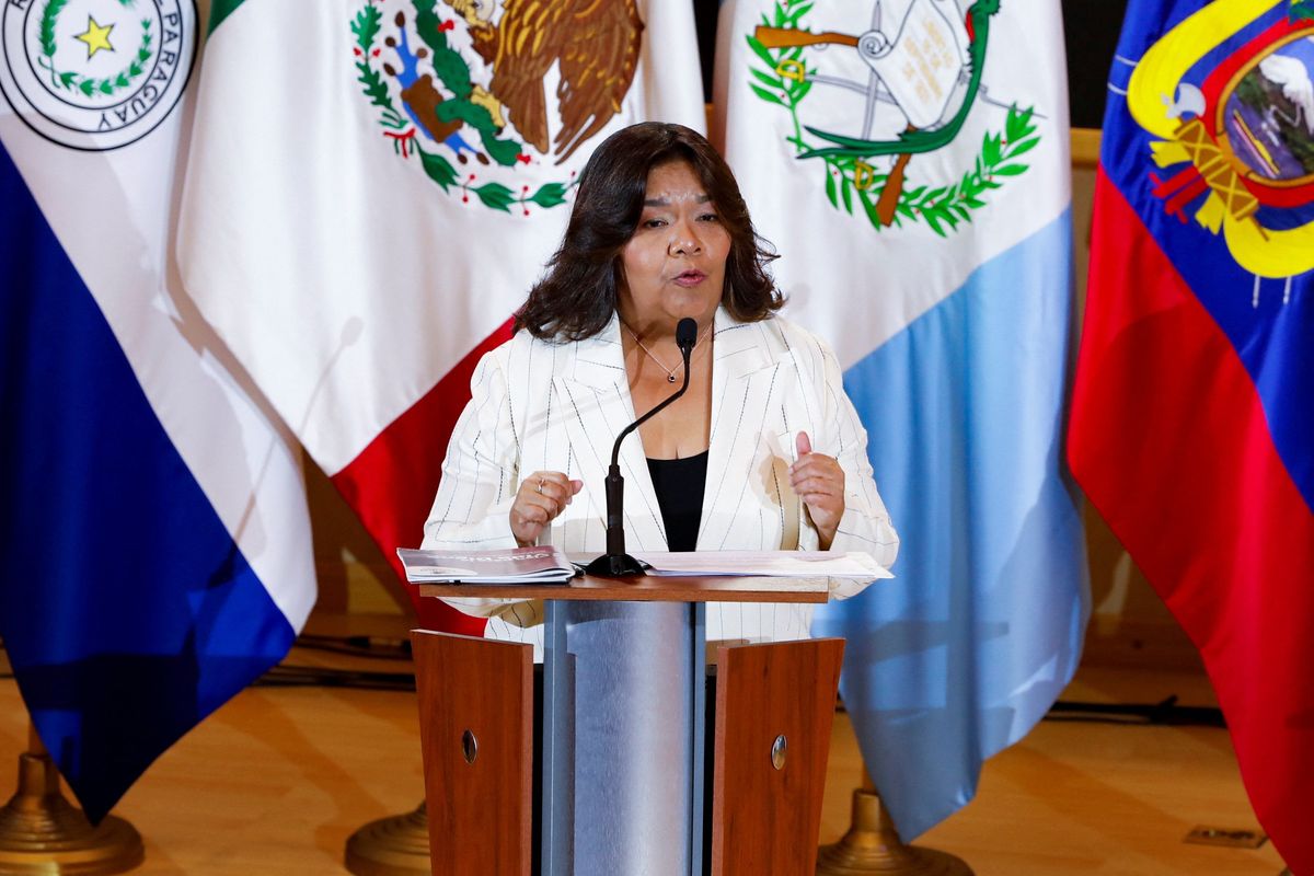 ​Independent presidential candidate Maribel Gordon speaks during a debate at the Tourism Chamber ahead of the May 5 general election, in Panama City, Panama, April 3, 2024. 