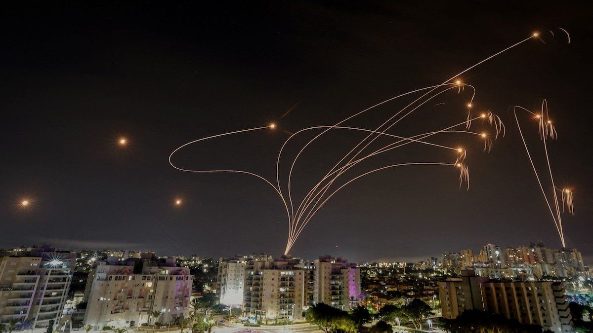 Israel's Iron Dome anti-missile system intercepts rockets launched from the Gaza Strip, as seen from the city of Ashkelon, Israel, October 9, 2023.