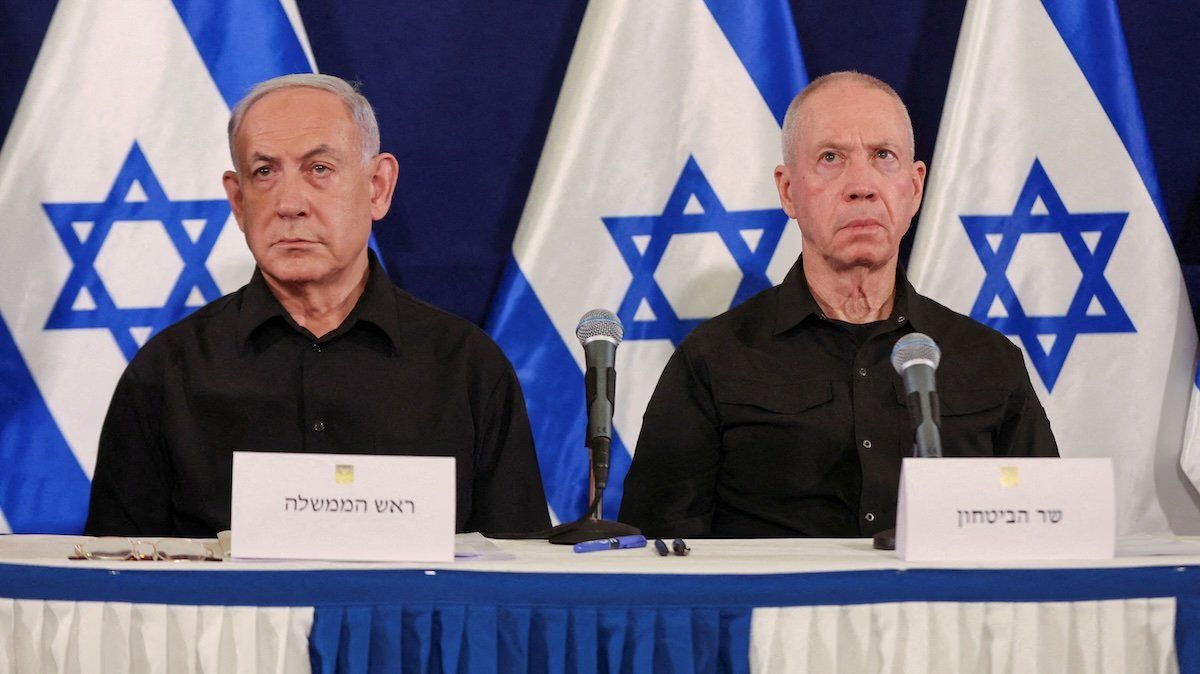 Israeli prime minister Benjamin Netanyahu and Defense Minister Yoav Gallant during a press conference in the Kirya military base in Tel Aviv , Israel , 28 October 2023. 