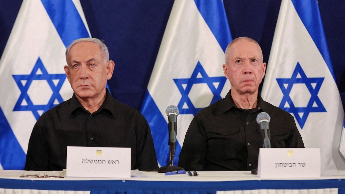 Israeli prime minister Benjamin Netanyahu and defense minister Yoav Gallant during a press conference in the Kirya military base in Tel Aviv , Israel , 28 October 2023.