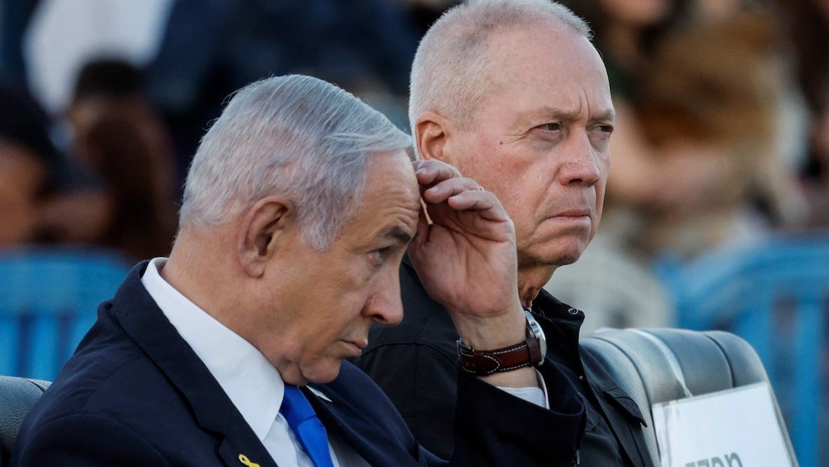 Israeli Prime Minister Benjamin Netanyahu and Israeli Defense Minister Yoav Gallant attend a ceremony for the 70th cohort of military combat officers, at an army base near Mitzpe Ramon, Israel, October 31, 2024.