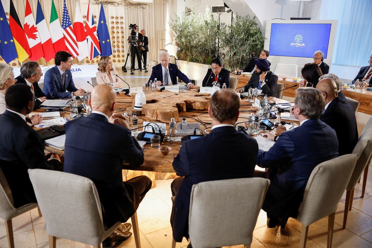 Italian Prime Minister Giorgia Meloni, Japanese Prime Minister Fumio Kishida, Canadian Prime Minister Justin Trudeau, U.S. President Joe Biden, European Commission President Ursula von der Leyen and World Bank President Ajay Banga attend a Partnership for Global Infrastructure and Investment (PGII) event, on the first day of the G7 summit, in Savelletri, Italy, June 13, 2024.