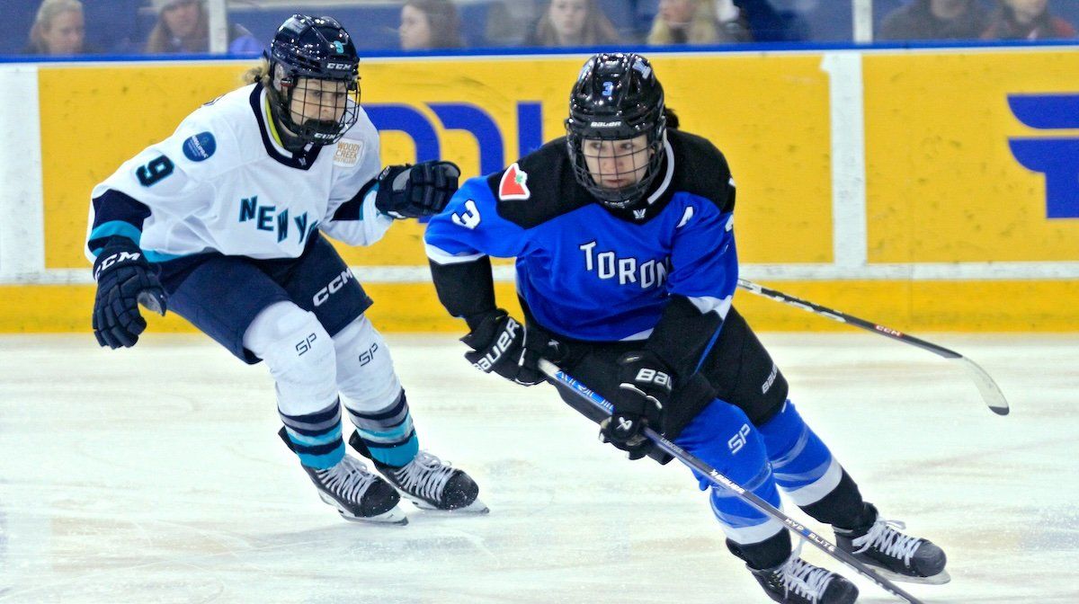 Jocelyne Larocque (3) of PWHL Toronto is skating with the puck during a Professional Women's Hockey League game against PWHL New York at the Mattamy Athletic Centre in Toronto, Canada, on February 23, 2024.