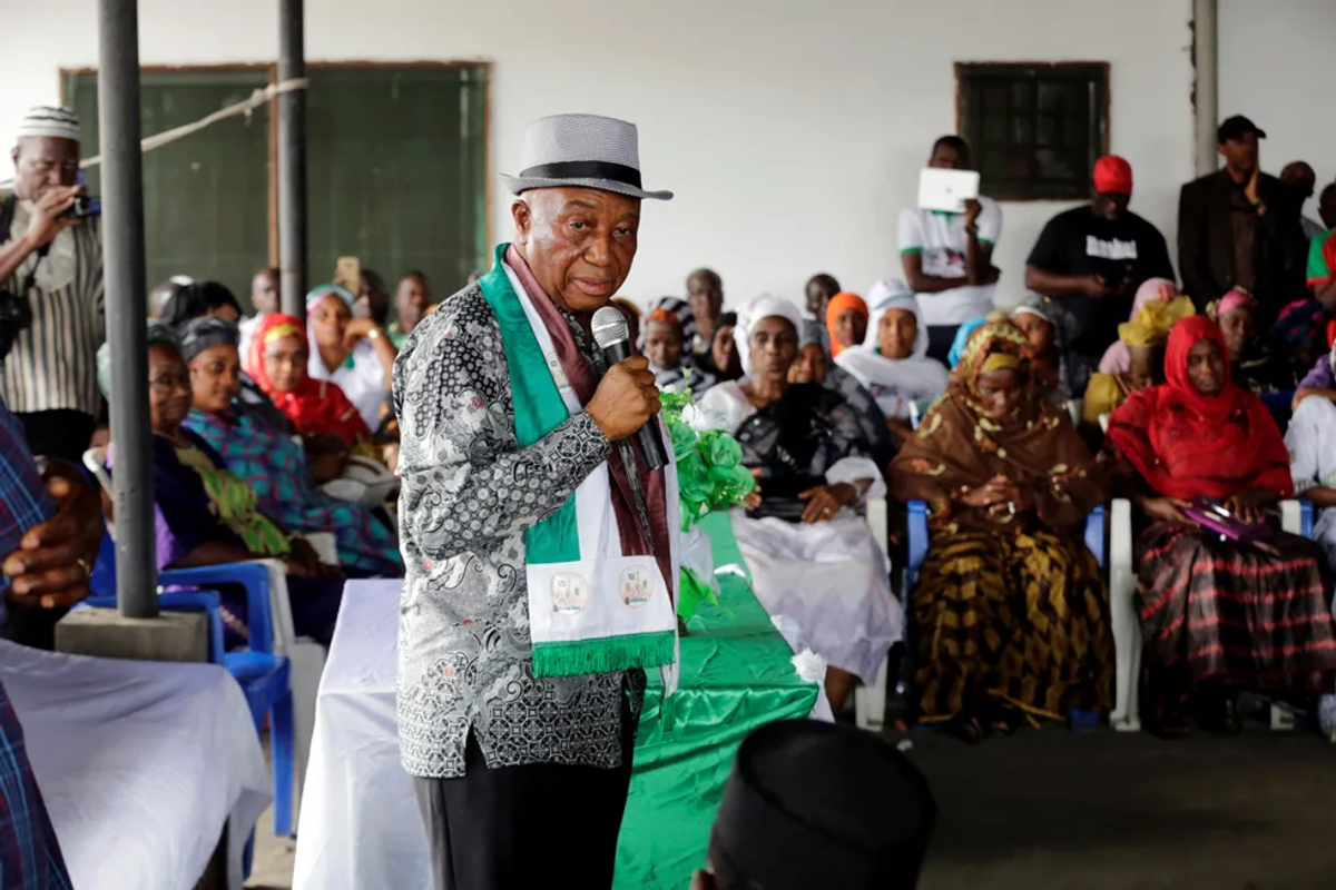 ​Joseph Nyuma Boakai, Liberia's Vice President and presidential candidate of the Unity Party (UP), speaks during a campaign rally in Monrovia, Liberia December 24, 2017. 