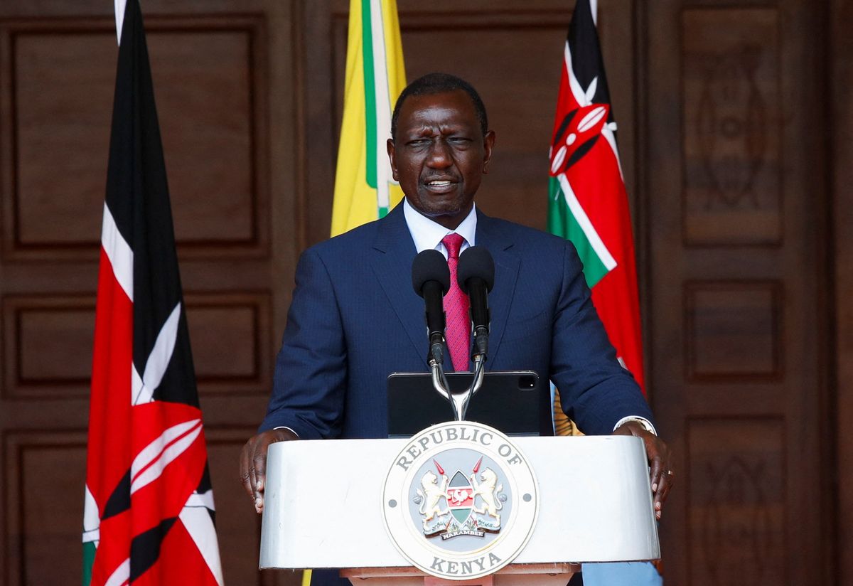 ​Kenya's President William Ruto speaks at a press conference where he announced spending cuts in government after protests againstKenya's proposed finance bill 2024/2025, in Nairobi, Kenya, July 5, 2024. 