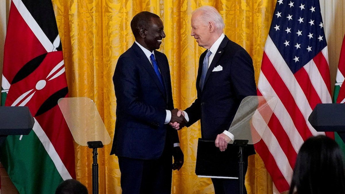 Kenyan President William Ruto and U.S. President Joe Biden shake hands during a joint press conference at the White House in Washington, U.S., May 23, 2024.