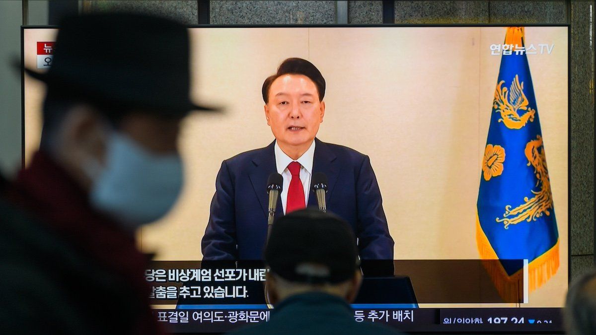 A 24-hour Yonhapnews TV broadcast at Yongsan Railway Station shows South Korean President Yoon Suk Yeol delivering a speech at the Presidential Office in Seoul. South Korean President Yoon Suk Yeol, defended his botched martial law declaration, as an act of governance and denied insurrection charges facing him, while vowing to fight until the last moment against whether it is impeachment or a martial law probe.