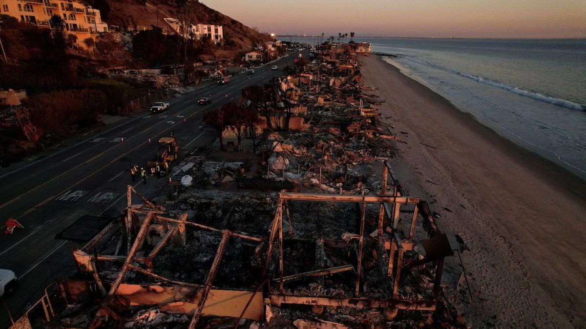 ​A drone view of buildings destroyed during the Palisades Fire in Malibu, California, U.S., January 15, 2025. 