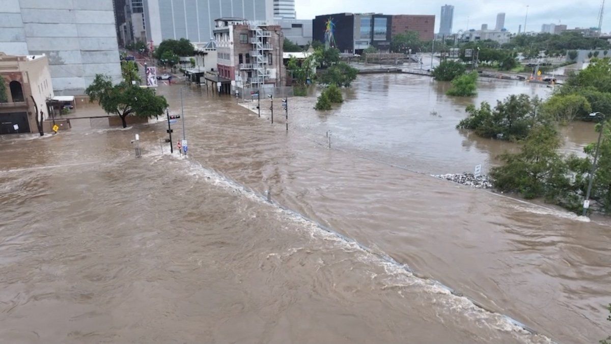 ​A drone view shows a flooded area in the aftermath of Hurricane Beryl, in Houston, Texas. 