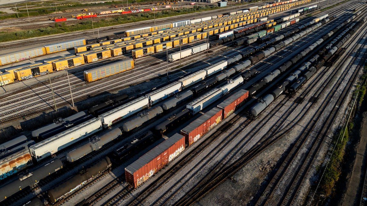 ​A drone view shows CN MacMillan Yard in Vaughan, near Toronto, after Canadian National Railway (CN) and Canadian Pacific Kansas City (CPKC) locked out workers following unsuccessful negotiation attempts with a major labor union, in Vaughan, Ontario, Canada August 22, 2024. 