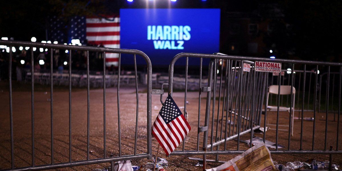 ​A flag is left at the event held by Democratic presidential nominee U.S. Vice President Kamala Harris during Election Night, at Howard University, in Washington, U.S., November 6, 2024.