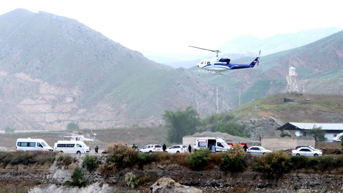 ​A helicopter carrying Iran's President Ebrahim Raisi takes off, near the Iran-Azerbaijan border, May 19, 2024. The helicopter with Raisi on board later crashed. 