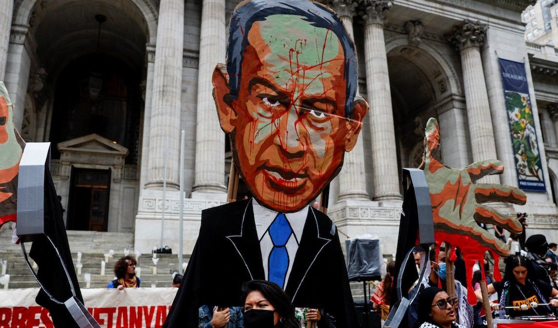 A representation of Israeli Prime Minister Benjamin Netanyahu as Pro-Palestinian protesters rally against Israel's strikes in Gaza and Lebanon during demonstrations in New York City, on Sept. 26, 2024. 