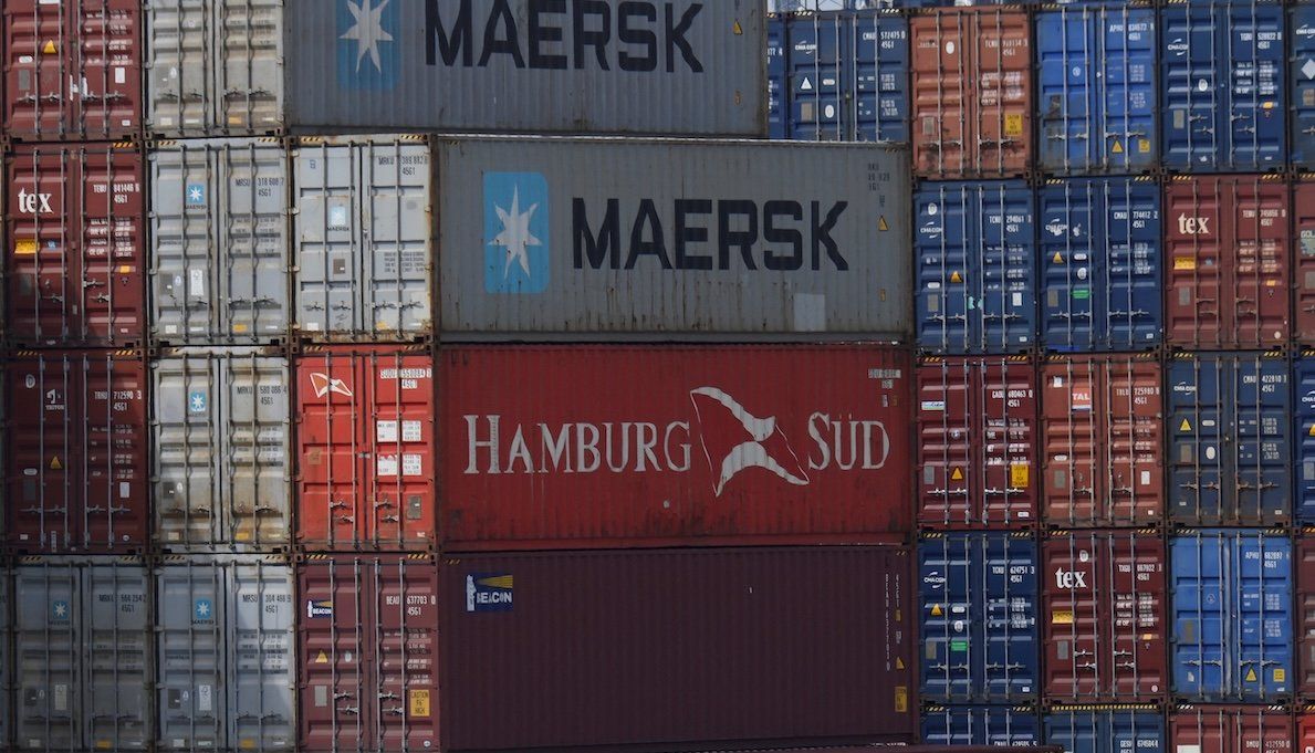 ​A stack of containers with Maersk and Hamburg Sud branding is seen at Britain's biggest container port Felixstowe, where workers went on strike back in 2022.