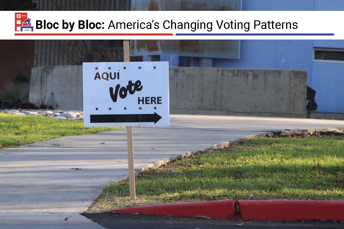 ​An "Aqui Vote Here" sign at the Guerra branch library in San Antonio, Texas, USA.