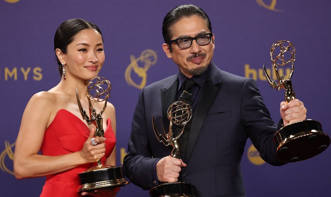 ​Anna Sawai, winner of the Outstanding Lead Actress in a Drama Series award, and Hiroyuki Sanada, Outstanding Lead Actor in a Drama Series for "Shogun."