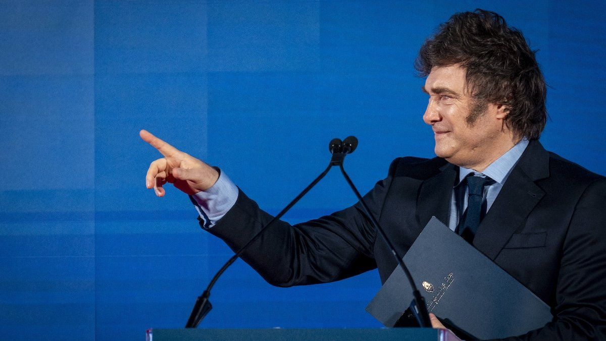 Argentina's President Javier Milei gestures during the Atreju political meeting organized by the young militants of Italian right-wing party Brothers of Italy (Fratelli d'Italia) at Circo Massimo in Rome.