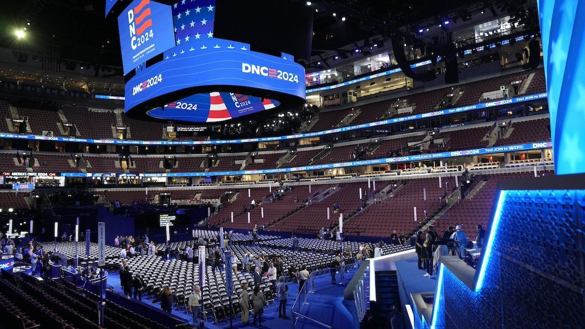 ​Aug 18, 2024; Chicago, IL, USA; Overall view of the convention hall during preparations before the Democratic National Convention at United Center. The DNC program will kick off on Monday with four days of ceremonies. 