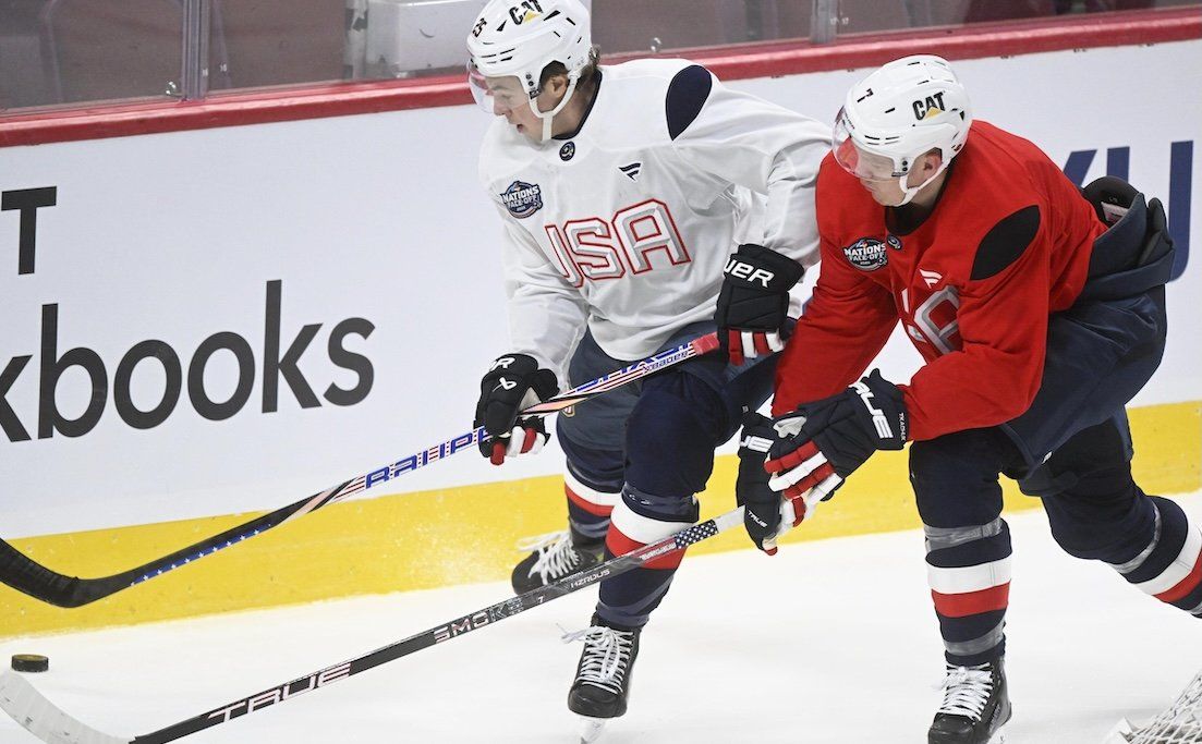 Brady Tkachuk, right, and Charlie McAvoy, left, during the training of Team USA in Montreal on Feb. 11, 2025. ​