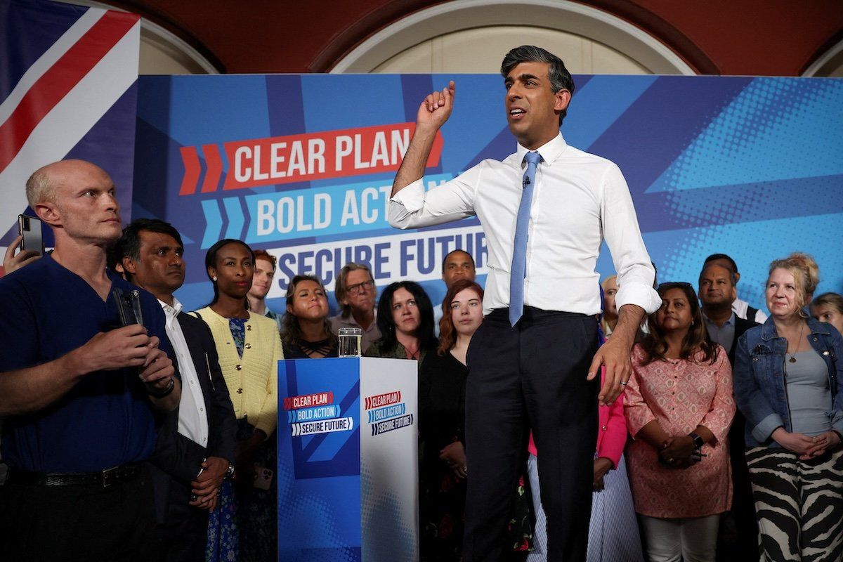 British Prime Minister Rishi Sunak speaks during a Conservative general election campaign event, in London, on June 24, 2024. 
