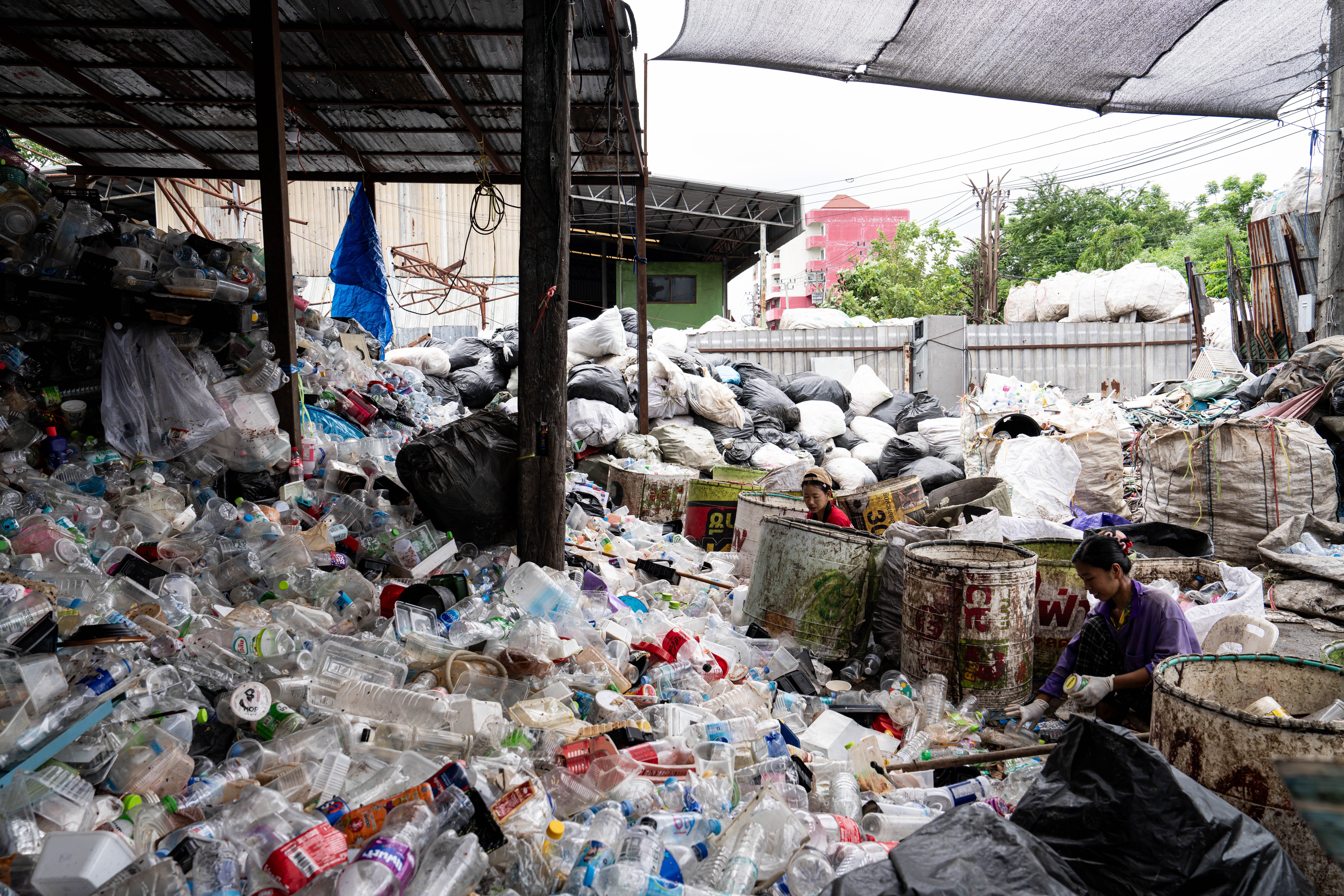 ​Burmese workers are sorting rotting food waste, fabric, and recyclable plastic by hand at a sorting facility in Bangkok, Thailand, on July 22, 2024.