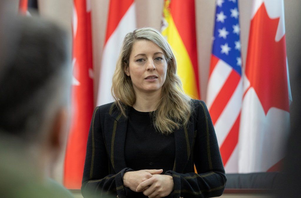 ​Canadian Foreign Minister Melanie Joly visits the International Training Center of the Ukrainian National Guard in the village of Stare in Kyiv Region, Ukraine, in January 2022. 