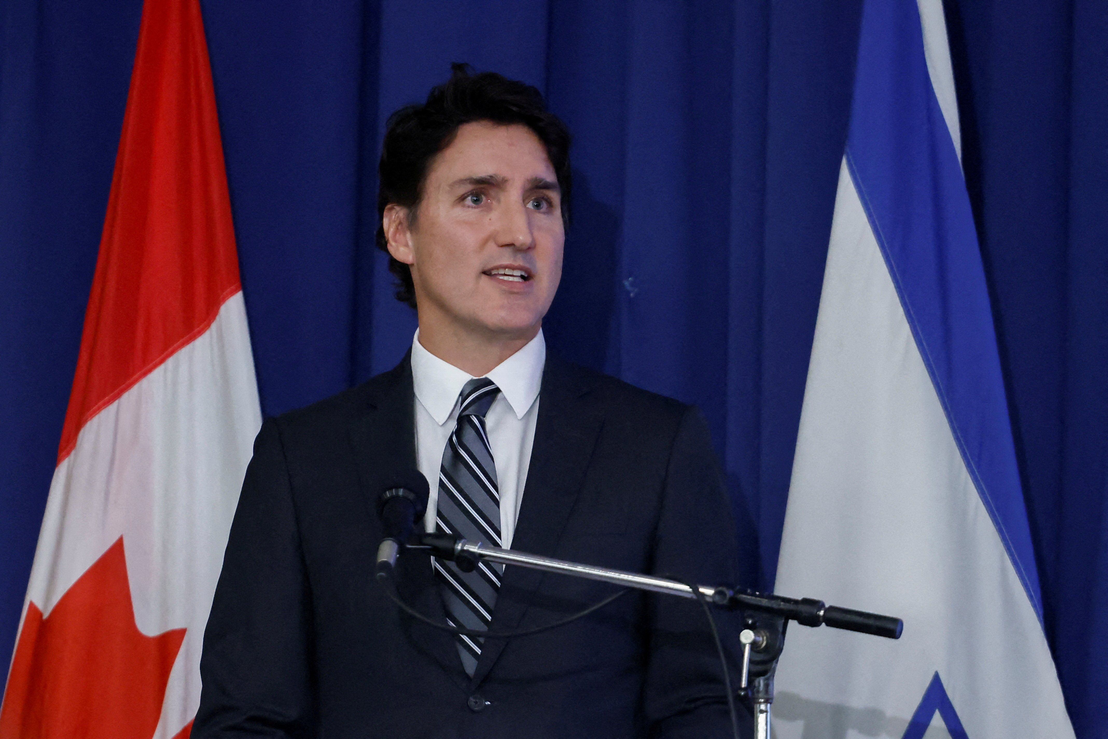 Canadian Prime Minister Justin Trudeau makes remarks during a pro-Israel rally