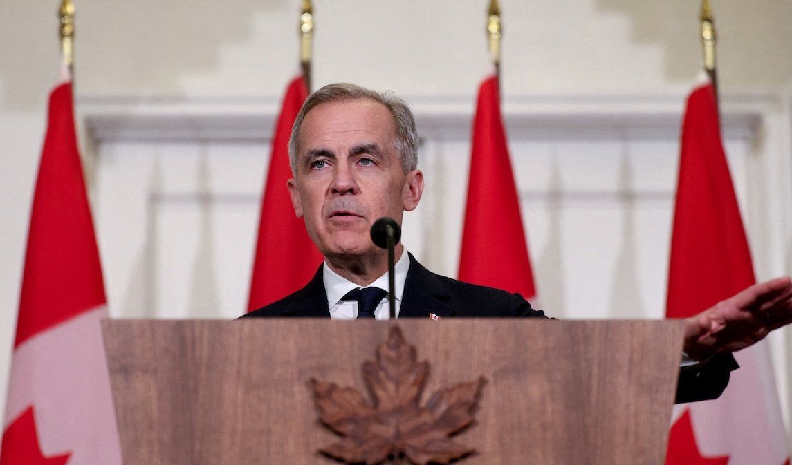 Canadian Prime Minister Mark Carney holds a press conference at Canada House, in London, Britain, on March 17, 2025. 