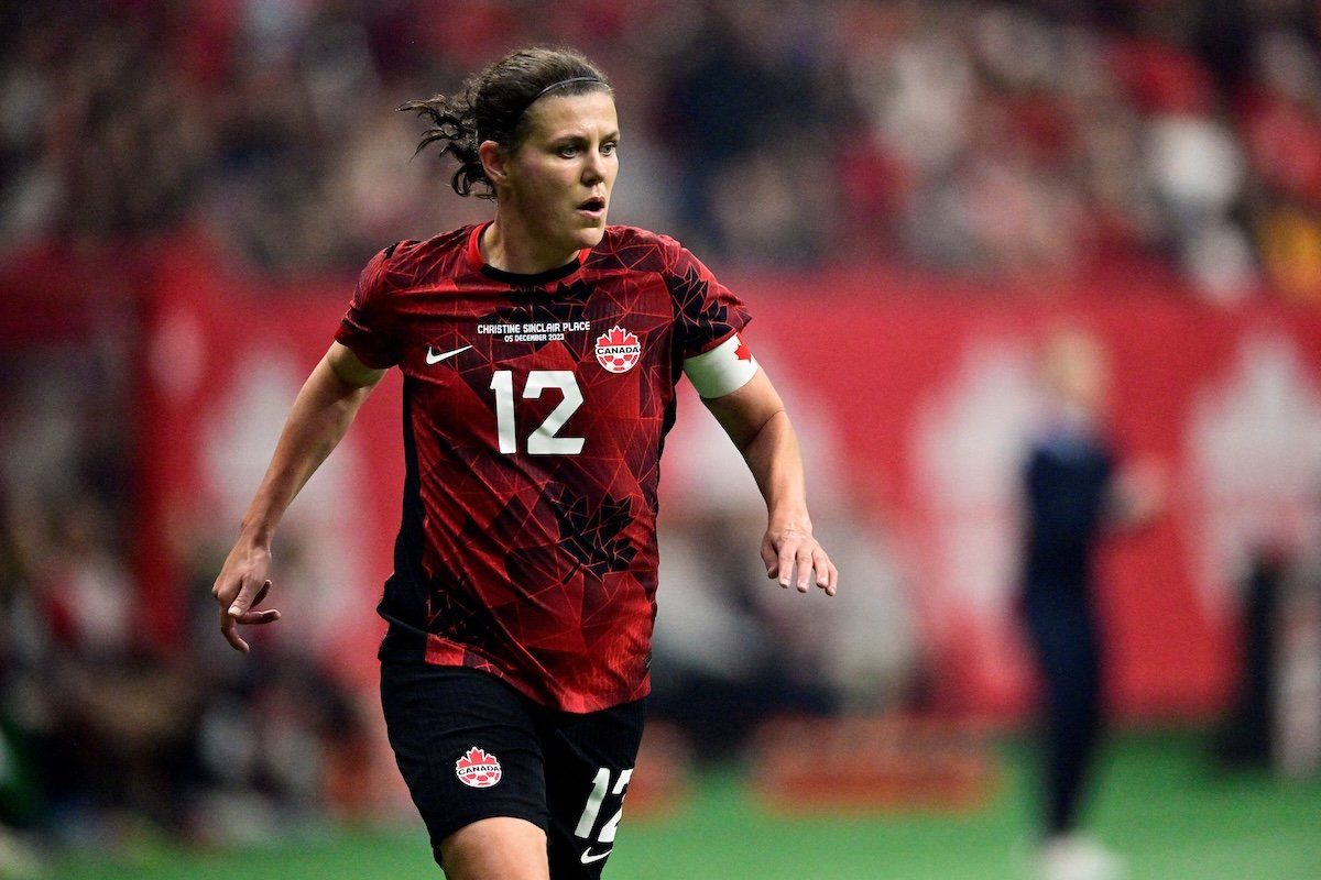 ​Captain Christine Sinclair plays her final international game as she retires from Canada's national women's soccer team after a friendly match against Australia in Vancouver, British Columbia, on Dec. 5, 2023. 