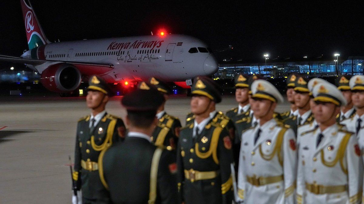 ​Chinese honor guard stand in formation as the plane carrying Kenya's President William Ruto arrives at the VIP terminal of the Beijing Capital International Airport in Beijing, China, September 2, 2024, ahead of the China Africa Forum. 